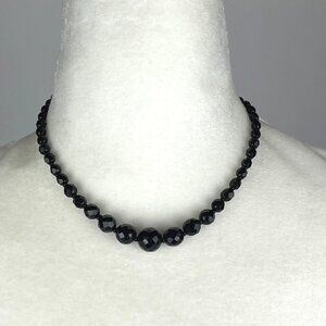 Vintage Black Faceted Glass Graduated Bead Necklace Germany